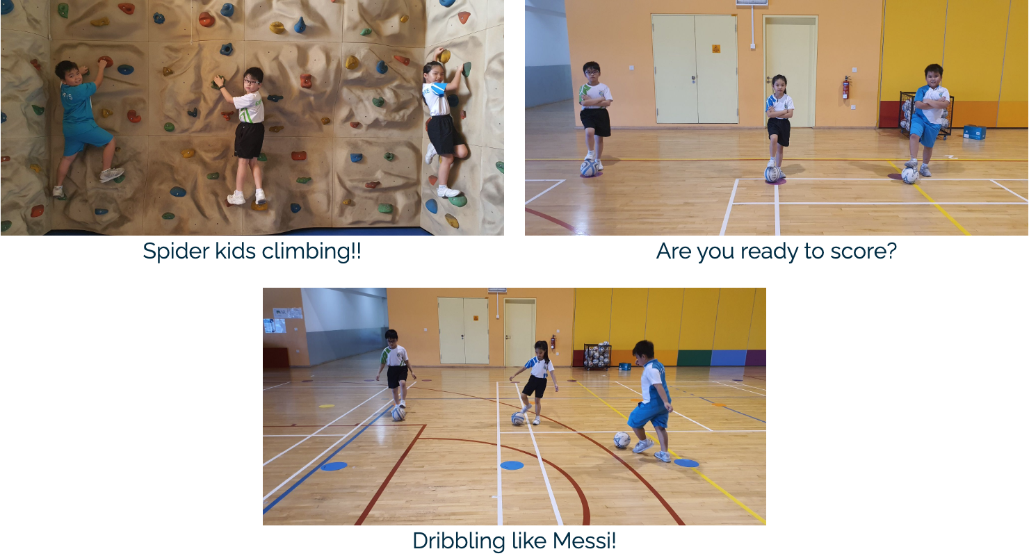 Three photos of school children: climbing a rock wall, posing with footballs in a gym, and dribbling footballs indoors.